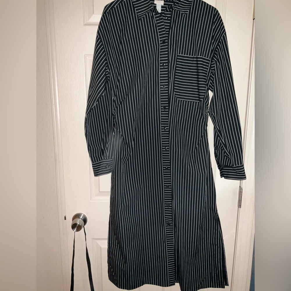 New Day Black Striped Button Down Corporate Goth Dark Academia Dress Sz Medium